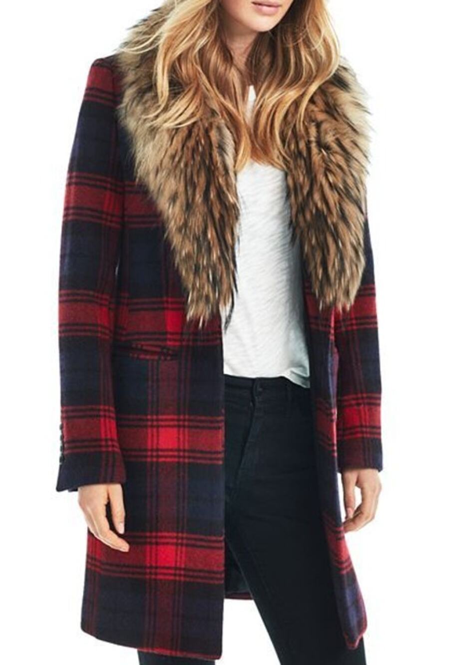 SAM. Tartan Plaid Wool Blend Coat Raccoon Fur Red and Blue Long Line Women's S